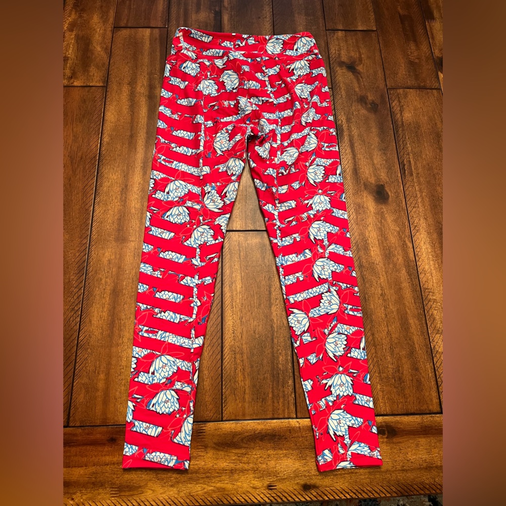 Lularoe Leggings “one size”.  Lightly used. Red with flowers.